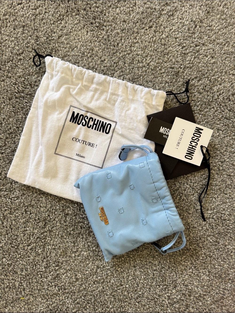 Moschino Pale Blue Leather Drawstring Pouch with Gold Chain